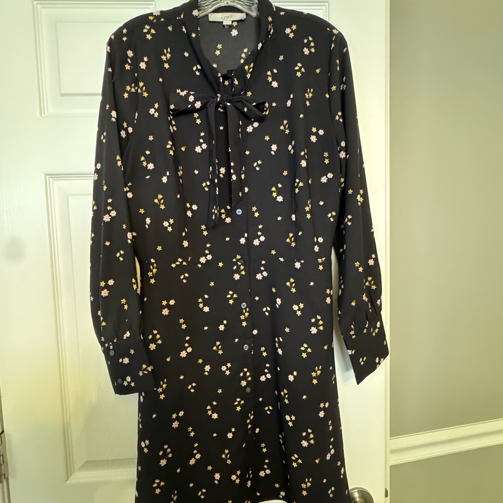 LOFT Black Floral Long Sleeve Dress
